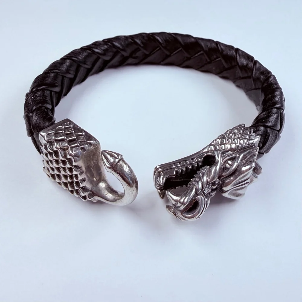 King Baby Large Dragon 925 Sterling Silver & Leather Braided Bracelet $985 - Picture 8 of 12